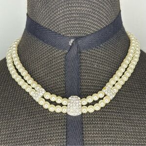 Vintage 2 Strand Pearls Faux Pearl And Rhinestone Adjustable Choker Necklace